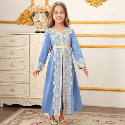 Kids Girls Ramadan Muslim Lace Trim Maxi Dress with Belt Prayer Arabic Kaftan Dubai Islamic Eid Dresses - color: Blue, size: 12-13 Years