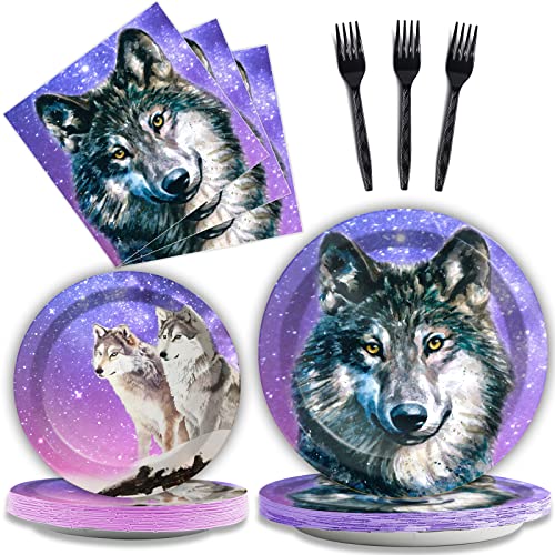 96 Pcs Wolf Party Plates Napkins Tableware Set Wolf Animal Birthday Supplies Disposable Dinnerware Wolves Decoration Favors for Boys Girls Birthday Baby Shower, 24 Guests - style: Wolf party supplies