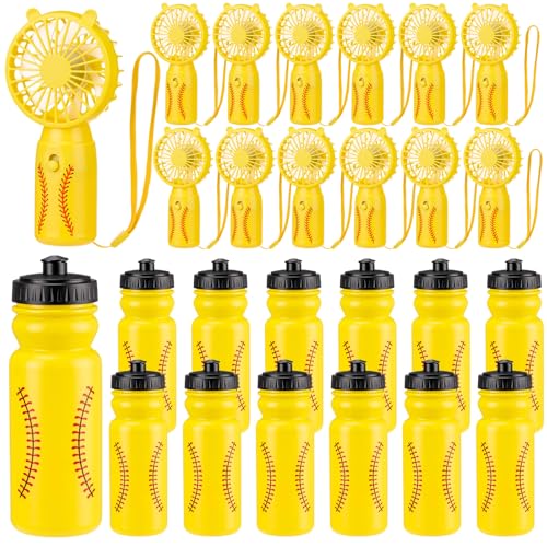 Potchen 24 Pcs Softball Water Bottles & Mini Portable Fan Set 20 oz Reusable Squeeze Bottles Bulk Handheld Fans Softball Party Favors for Team Gifts Sport Goodie Bag Stuffers Accessories