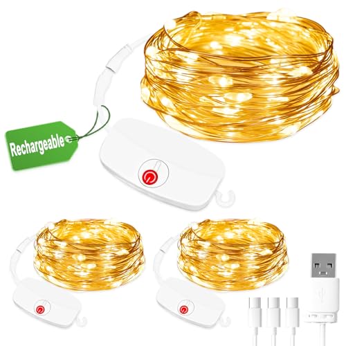 3pcs Mini Fairy Lights Rechargeable, 9.8ft 30 LED String Light Battery Operated, 8 Modes with Timer, Removable Battery Compartment, Copper Wire Fairy Light for Indoor Wedding Party Xmas Decoration - size: 9.8ft - 3pcs total 29.4ft