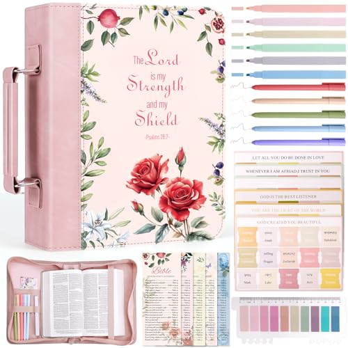 XKDOUS Bible Cover for Women Leather Bible Bag Large Book Carrying Case Kit - color: Pink Rose