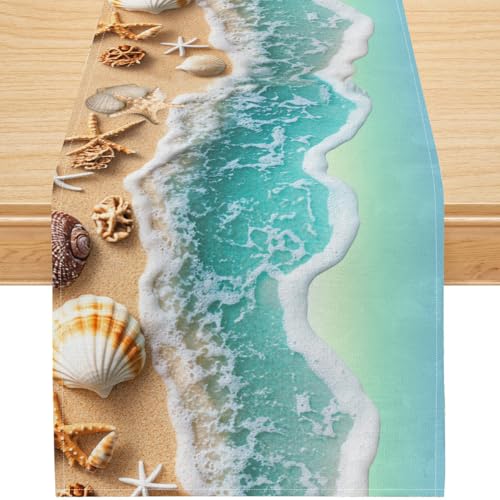 Coastal Beach Table Runner, Summer Ocean Waves and Seashell Starfish Print, Premium Linen Blend Dining Table Decor for Indoor Outdoor Party,13x36 Inch - color: Blue Beach, size: 13x36inch