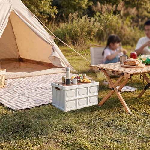 Lidded Home Storage Bins 30L/7.9Gal Collapsible Camping Box, Food Storage for Camping, Stackable with Handles & Wooden Lid for Home Organizing