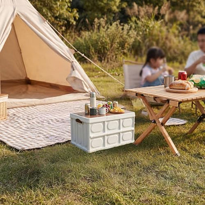 Lidded Home Storage Bins 30L/7.9Gal Collapsible Camping Box, Food Storage for Camping, Stackable with Handles & Wooden Lid for Home Organizing