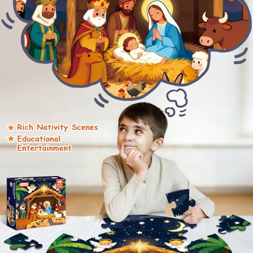 Sitodier Nativity Scene Puzzles for Kids Age 3-5 and 4-6, 48pcs Nativity Large Floor Jigsaw Puzzle Educational Toys Easter Birthday Gift for Toddlers Boys Girls Ages 3 4 5 6 Years Old - style: 48pcs Nativity Scene Floor Puzzles for Kids