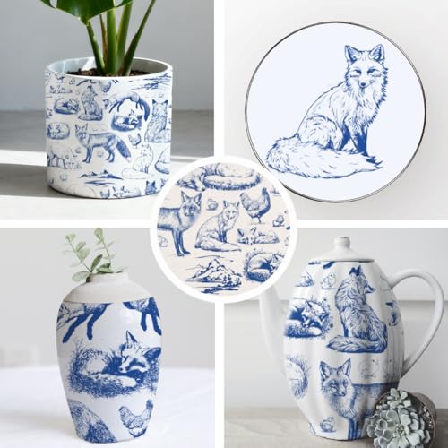 SUPERDANT 5PCS Fox Chicken Underglaze Paper Transfer Animals Transfer Papers for Clay Ceramic Porcelain Under Glaze Transfers for Pottery Enamel Decals Blue Underglaze Decal Handcrafted Gifts - style: Fox