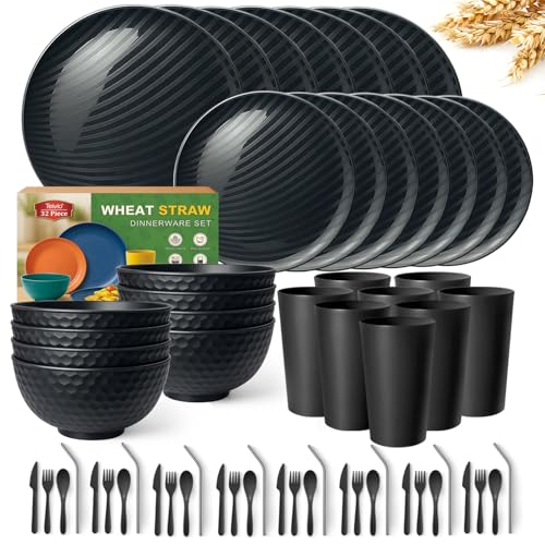 Teivio 32-Piece Plates and Bowls Sets for 8, with Flatware Dinnerware Sets - color: Flatware Deep Black