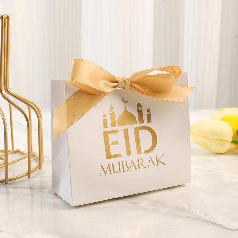 20 Pack Eid Party Favor Box, Eid Moon Candy Box, Ramadan Mubarak Party Goodie Box, DIY Eid Treat Paper Box with Ribbon Bow, Islam Muslim Wedding Festival Candy Box, Chocolate Cookie Souvenir Boxes for Eid Party Supplies Gold Castle Goodie Present Bag - co