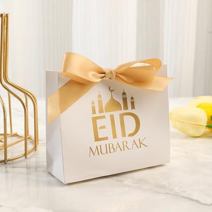 20 Pack Eid Party Favor Box, Eid Moon Candy Box, Ramadan Mubarak Party Goodie Box, DIY Eid Treat Paper Box with Ribbon Bow, Islam Muslim Wedding Festival Candy Box, Chocolate Cookie Souvenir Boxes for Eid Party Supplies Gold Castle Goodie Present Bag - co