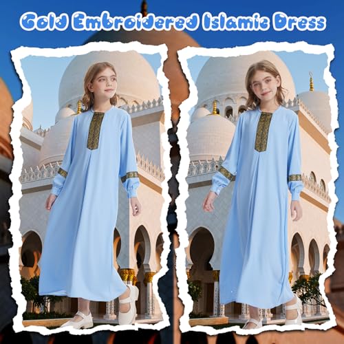 GYQMBT Long Sleeve Muslim Dress for Abaya,Islamic Clothes,Prayer Clothes Robe - color: Blue, size: 120 (5-6 Years)