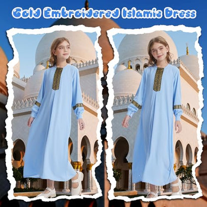 GYQMBT Long Sleeve Muslim Dress for Abaya,Islamic Clothes,Prayer Clothes Robe - color: Blue, size: 120 (5-6 Years)