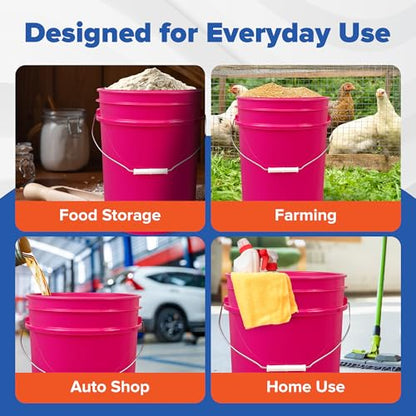 5 Gallon Bucket w/Lid, Food Grade BPA-Free, 3 Pack, Pink | Airtight Lid, Mallet and Lid Opener Included, Heavy-Duty 90 Mil HDPE Plastic, Food-Safe Durable Container, Made in USA - color: Pink, size: 3 Packs