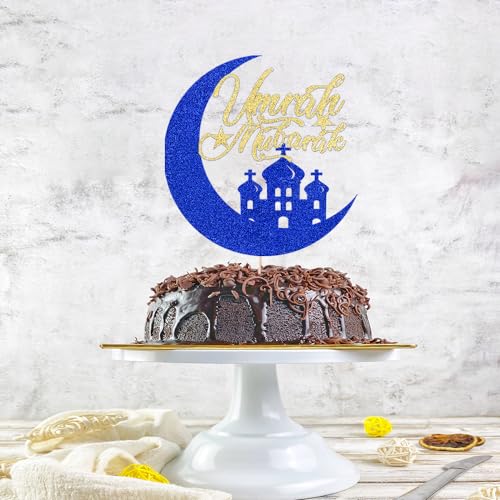 Umrah Mubarak Cake Topper, Muslim Islam Eid Festival Party Decorations - color: Blue Gold
