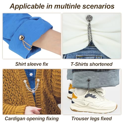 Daifunli 24 Pcs/12 Pairs Magnetic Clothing Clips with Chain Multifunction Metal Magnet Shirt Clips Cuff Sleeves Long Pants Hem Holder for Shortening and Decoration for Women