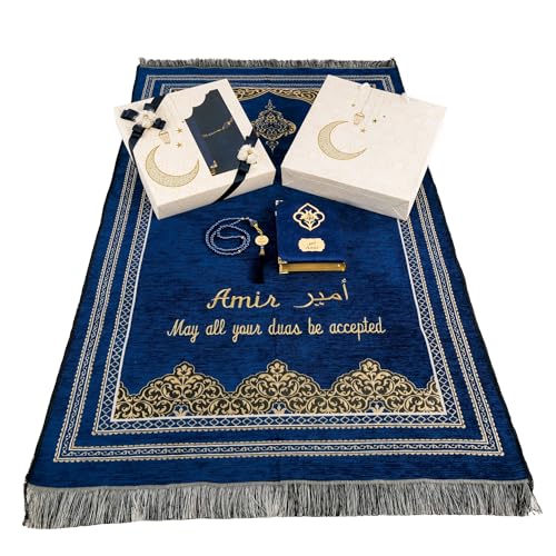 IEF Personalized Prayer Rug Prayer Beads Quran Islamic Gift Set, Ramadan Eid Hajj Umrah Wedding Birthday Mother's Day Father's Day Valentine's Day Gifts (Navy Blue) - color: Navy Blue