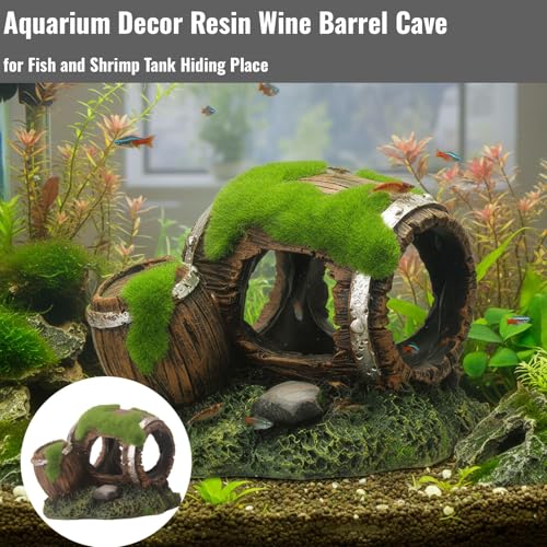 Aquarium Decor Resin Wine Barrel Cave for Fish and Shrimp - Realistic Simulation Barrel Tank Hiding Place for Cichlids, Shrimp, Small Fish