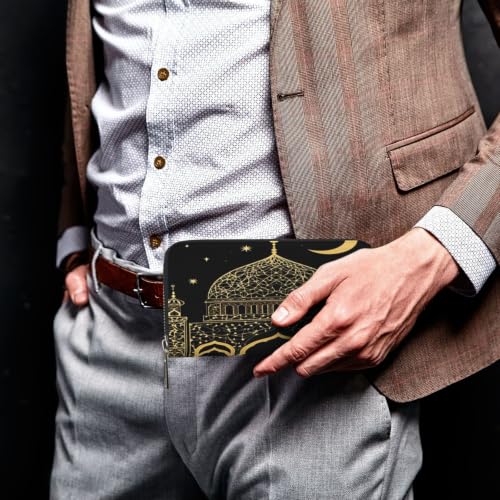 Islamic Mosque Golden Glitter PU Leather Long Wallet for Women Men, Zipper Clutch Wallet RFID Card Holder Organizer - color: Islamic Mosque Golden Glitter