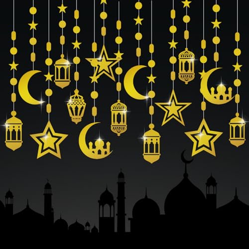 16pcs Ramadan Decorations Gold Star Moon Lantern Garland Pre-Assembled Shining Hanging Ramadan Mubarak Eid Decorations Banner Streamer for Eid Mubarak Decor Home Party Supplies