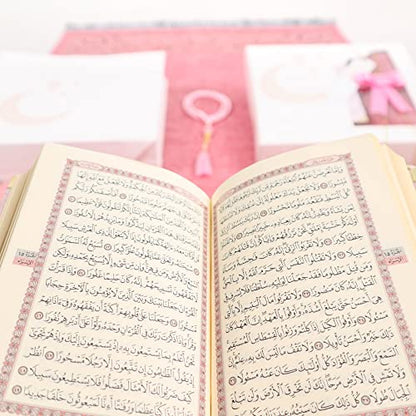 IEF Personalized Prayer Rug Quran Prayer Beads Islamic Gift Set, Ramadan Eid Wedding Birthday Mother's Day Father's Day Anniversary Day Gifts - color: Pink with Bag