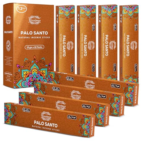Raajsee Palo Santo Incense Sticks (180 GMS), 100% Pure Organic Natural Hand Rolled Free from Chemicals- Perfect for Aromatherapy, Cleansing, Meditation, and Church (Pack of 12) - color: Palo Santo