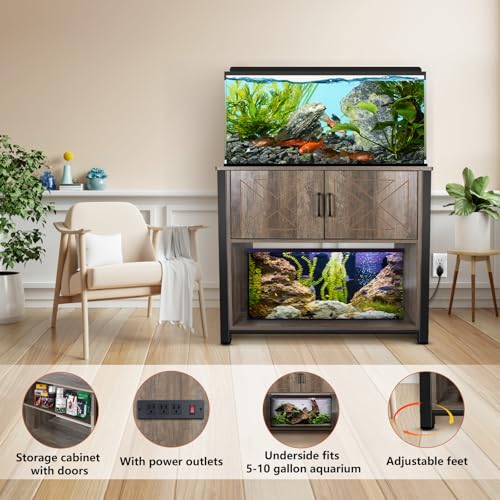 Beuruku 40 Gallon Aquarium Stand with Cabinet & Power Outlets, Heavy Duty Metal Stand for 40-50 Gallon Breeder & Turtle Tanks, Double Terrarium Stand, 660LBS Capacity, Grey - color: Grey, size: 40-50 Gallon