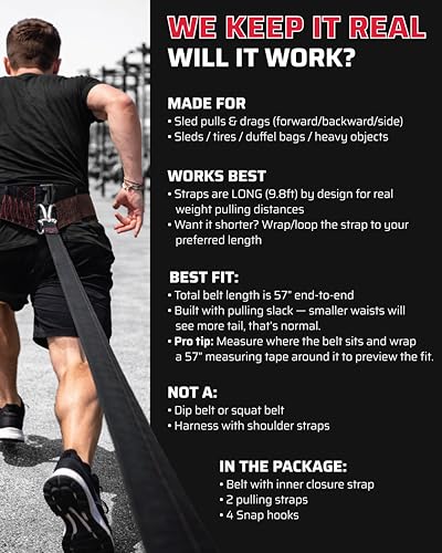 THEFITGUY Original Sled Pulling Belt for Sled Training | 2 straps (9.8ft), 4 hooks, rotates 360°. Fits most waists. For sled, resistance & agility training