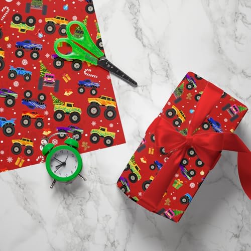 Cuitpan Red Monster Truck Christmas Wrapping Paper - Xmas Gift Wrap with Holiday Trees, Snowmen & Gingerbread Men Design - Ideal for Kids & Adults Gift Wrapping - 40×28 Inches, 4 Folded Sheets - color: Red-Monster Truck Christmas