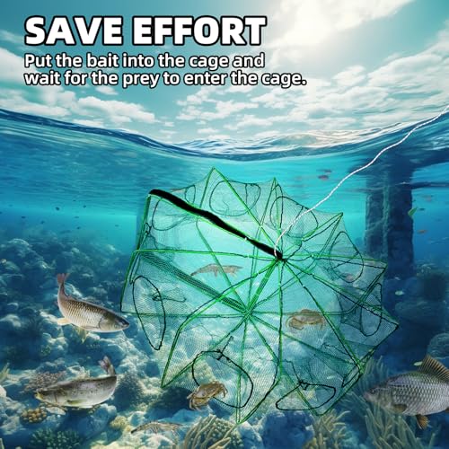 2 Pcs 32 x 10 Inch Collapsible Crab Trap 10 Holes 10 Sides Foldable Fishing Nets with 2 Rope for Minnows Fishing Crawfish Crab Lobster Shrimp