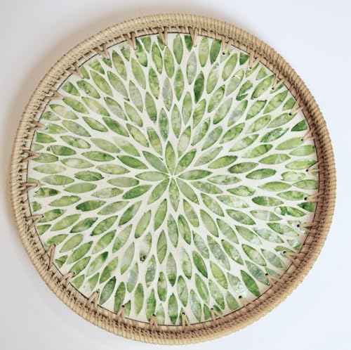 Magenta & Teal Round Rattan Serving Tray with Mother of Pearl Inlay, Wicker Coffee Table Decor, Farmhouse Style (Green Petals) - color: Green Petals