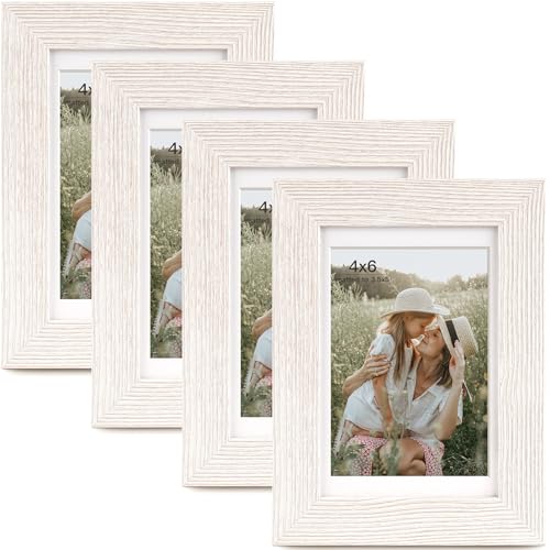 Momentworth 4x6 Picture Frame with Mat for 3.5x5, Rustic White Wood Grain Gallery Wall Picture Frames for Tabletop or Wall Mounting(4 Pack, White) - color: Rustic White, size: 4x6 - 4 pack