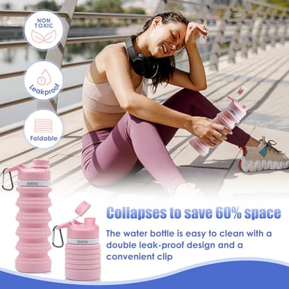 ONTA Collapsible BPA Free Silicone Water Bottle, 20oz - Portable, Leakproof, Easy Clean, Shatter Resistant, Travel Friendly - color: Pink, size: 18.6 Ounces