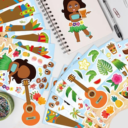 Summer Stickers, Hawaii Make a Face Sticker, Aloha Tiki Totem | 24 Sheets Make Your Own Beach Tropical Cartoon Mix and Match Stickers Hawaiian Coconut Tree Summer Luau Party Favors - style: Summer Stickers