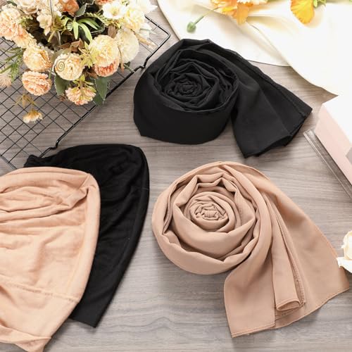 4 Pcs Women Solid Chiffon Hijab Scarves and Undercap Set Long Shawl Soft Wrap Scarves Muslim Inner Hijab Caps - color: Black, Khaki
