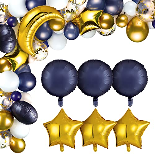 Zhanmai 110 Pcs Navy Blue Balloon Garland Kit Sky Night Moon Star Theme Balloons 36'' Gold Moon and 18'' Star Foil Party Decoration Wedding Birthday Blue Parties and Celebrations Decor