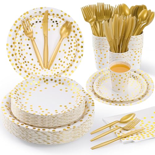 Fijinhom 175PCS White and Gold Dot Paper Plates, Disposable Dinnerware Set