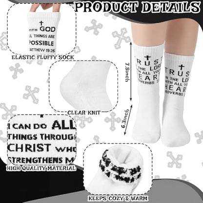 Shyyween 6 Pairs Christian Sock with Bible Verse Religious Easter Gift Christian Gift Ideas Catholic Crew Socks for Men Women - color: White