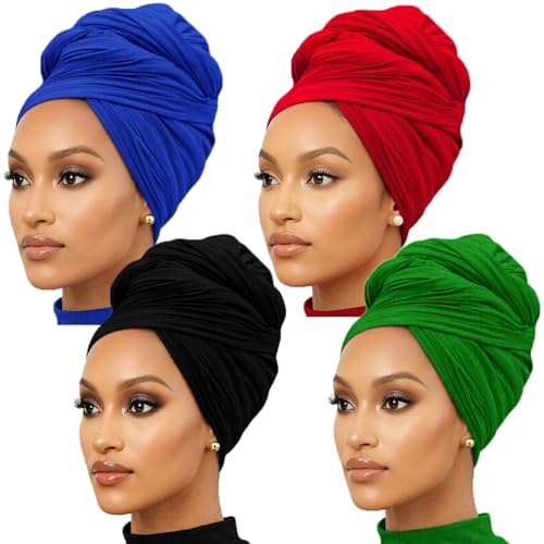 Nonbongoy Head Wraps for Black Women 71"x32" Long Soft Jersey Hijab Turban - color: 4- Black, Bright Green, Royal Blue, Wine Red