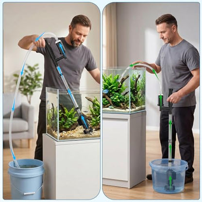 AQQA Electric Aquarium Gravel Cleaner, 6-in-1 Fish Tank Vacuum with Anti-Clog Gravel Barrier, Sand Washer, Water Changer, Filter Bag, Adjustable Flow & Water Circulation, 320GPH for 15+ Gallon Tanks