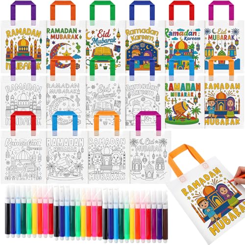 Gilprop 40 Pcs Eid Mubarak Coloring Goodie Bags Bulk with Paint Pens Ramadan Party Favors Coloring Gift Bags Ramadan Crafts Reusable Canvas Bag for Eid Mubarak Home Activities Party Favors