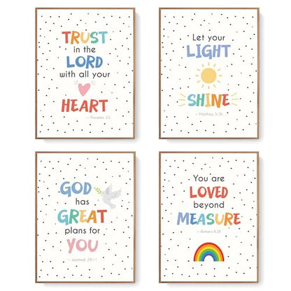 LARTSFRO Bible Christian Wall Art Decor Posters Prints, Inspirational Bible Verses Room Bathroom Bedroom Playroom Dorm Wall Art Decor Aesthetic for Nursery Baby Kids Teen Girls Gifts, Christian Classroom Wall Decor, 12x16 Inch Set of 4 Pcs Pictures (UNFRA