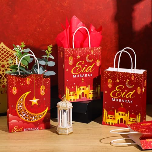 16 Sets Eid Mubarak Gift Bags with Tissue Paper, Ramadan Goodies Bags for Ramadan Party Supplies Favor (Red) - color: Red