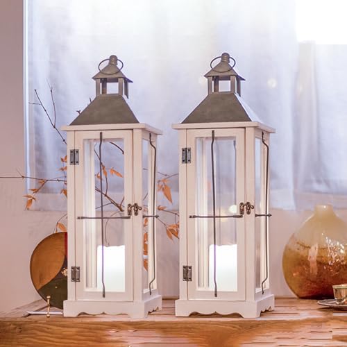 Bdor 26 Inch White Wooden Decorative Lanterns with LED Candles Set of 2 - color: White