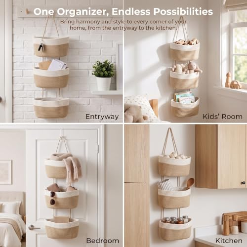 3-Tier Woven Cotton Rope Hanging Basket, Over the Door Organizer, Adjustable Detachable Wall Basket with Metal & Adhesive Hooks, No Drilling for Living Room, Nursery and Boho Bedroom Decor - style: White&Jute
