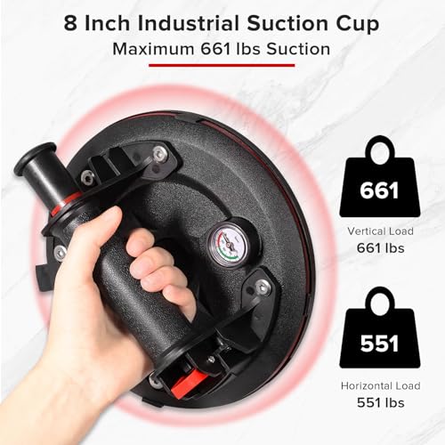 Glass Suction Cups,8"Heavy Duty Suction Cups 662 lbs Load Capacity Powerful Industrial with Pressure Gauge for Lifting Large Glass Tile Granite,Includes Carrying Case(2pack) Brand: TIJUNIK