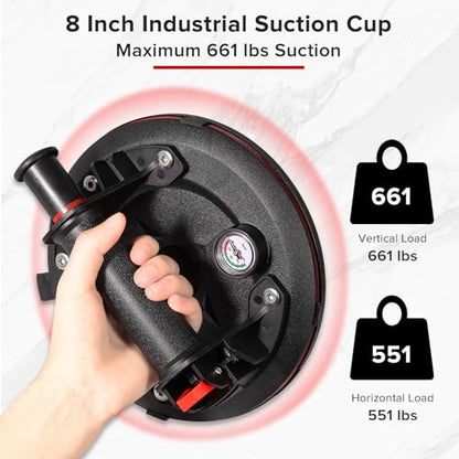 Glass Suction Cups,8"Heavy Duty Suction Cups 662 lbs Load Capacity Powerful Industrial with Pressure Gauge for Lifting Large Glass Tile Granite,Includes Carrying Case(2pack) Brand: TIJUNIK