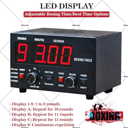 Professional Gym Timer Boxing Interval Timer, with Adjustable Buzzer Alarm, Boxing Round Timer for Muay Thai, MMA, Kickboxing, 30S-10min Training and 0/30/60S Rest Time Red - color: Red