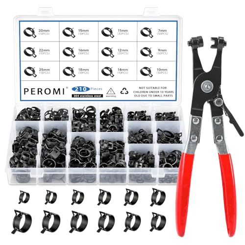 210Pcs Steel Spring Band Hose Clamp Kit (7-25mm) with Swivel Flat Pliers – Multi-Purpose Assortment for Fuel Line, Silicone, Vacuum Hoses Low-Pressure Air & Automotive Clip Clamps - size: 210pcs with Plier