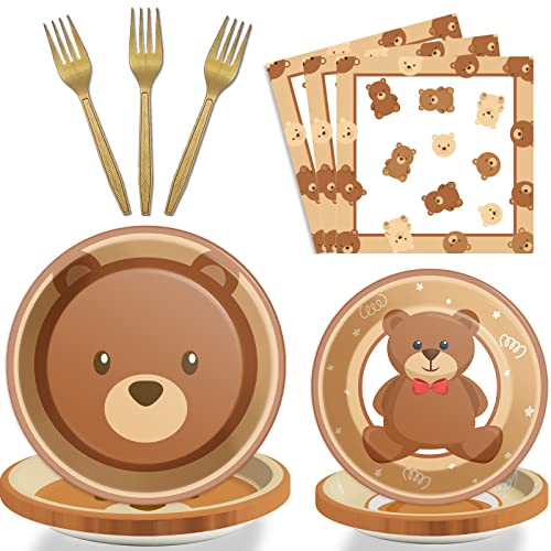 96 Pcs Bear Baby Shower Party Plates Decorations We Can Bearly Wait Baby Tableware Bear Theme Dessert Teddy Plates Napkins Supplies for Gender Reveal Boy Girl Baby Shower Birthday Party Serve 24 - style: Bear
