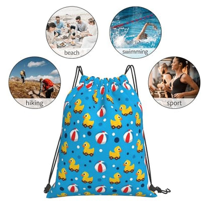 Polyester Cinch Sack Rubber Duck Pool Ball, Waterproof String Bag with Zipper Pocket for Soccer Basketball Ball Storage - color: Pattern (370)