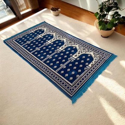 Modefa Turkish Islamic Prayer Rug - Multi Person Janamaz Sajada for Family - Large Gathering & Group Praying Carpet - Wide Velvet Praying Mat (5 Person Blue) - color: Blue